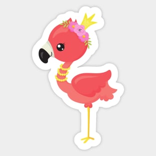 Princess Flamingo, Crown, Cute Flamingo, Flowers Sticker